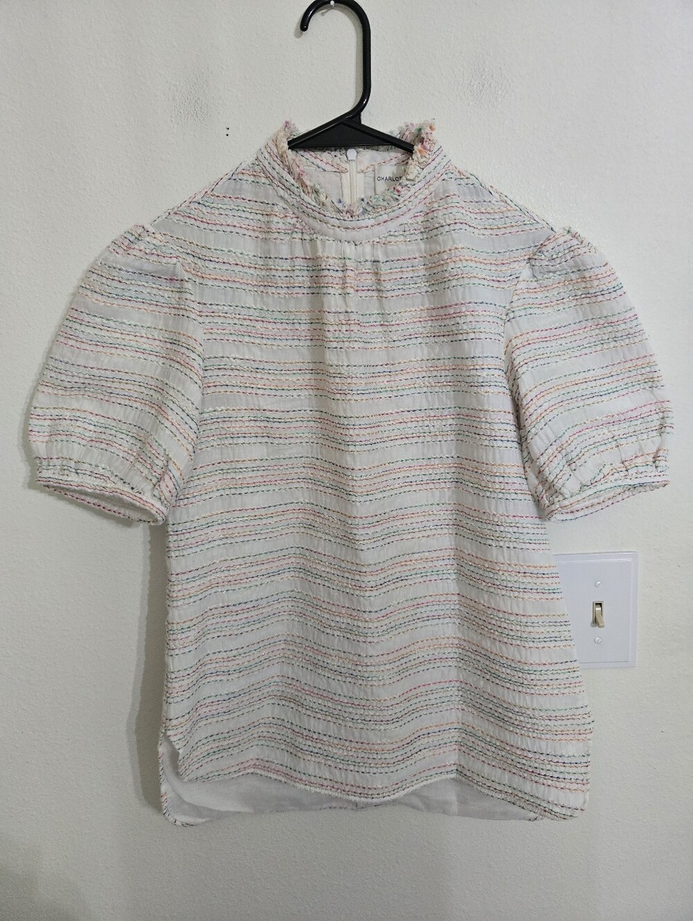 Charlotte Brody Pleated High-Neck Puff Sleeve Top - Pastel Stripe